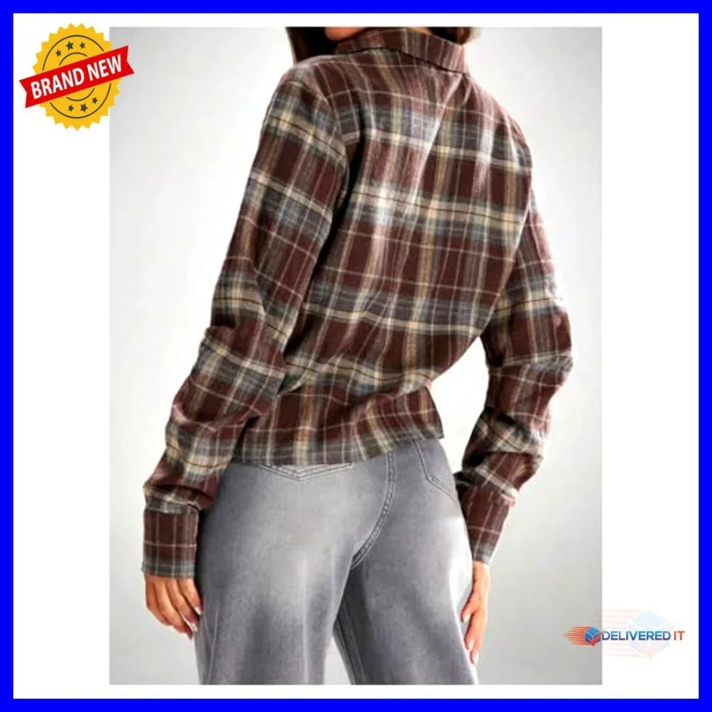 Long Sleeve Plaid Button Down Blouse, Loose Fit, Casual Top - Picture 3 of 5